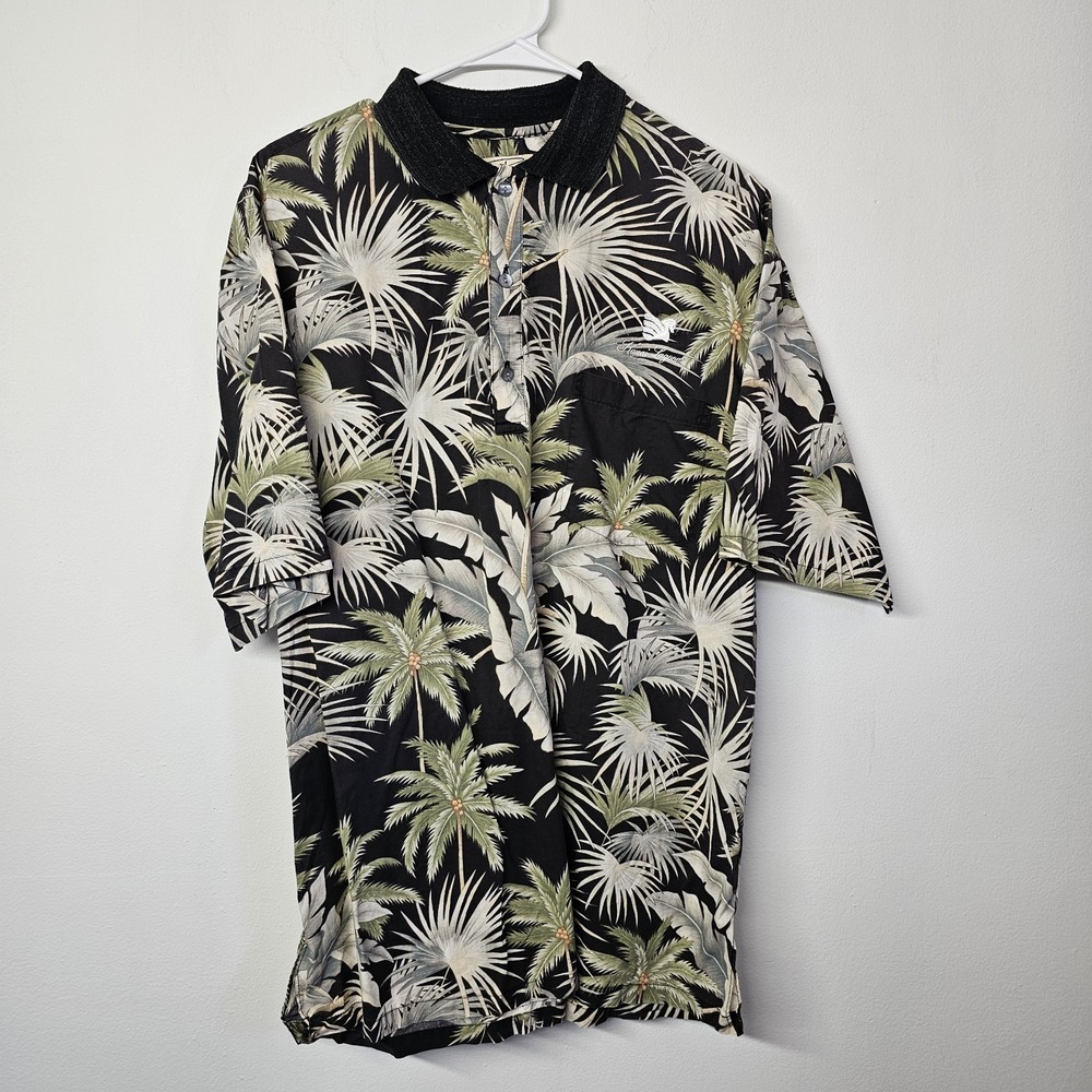 Tori Richard Mens Large Palm Leaf Print Cotton Lawn Aloha Shirt Black Tan Vtg‎